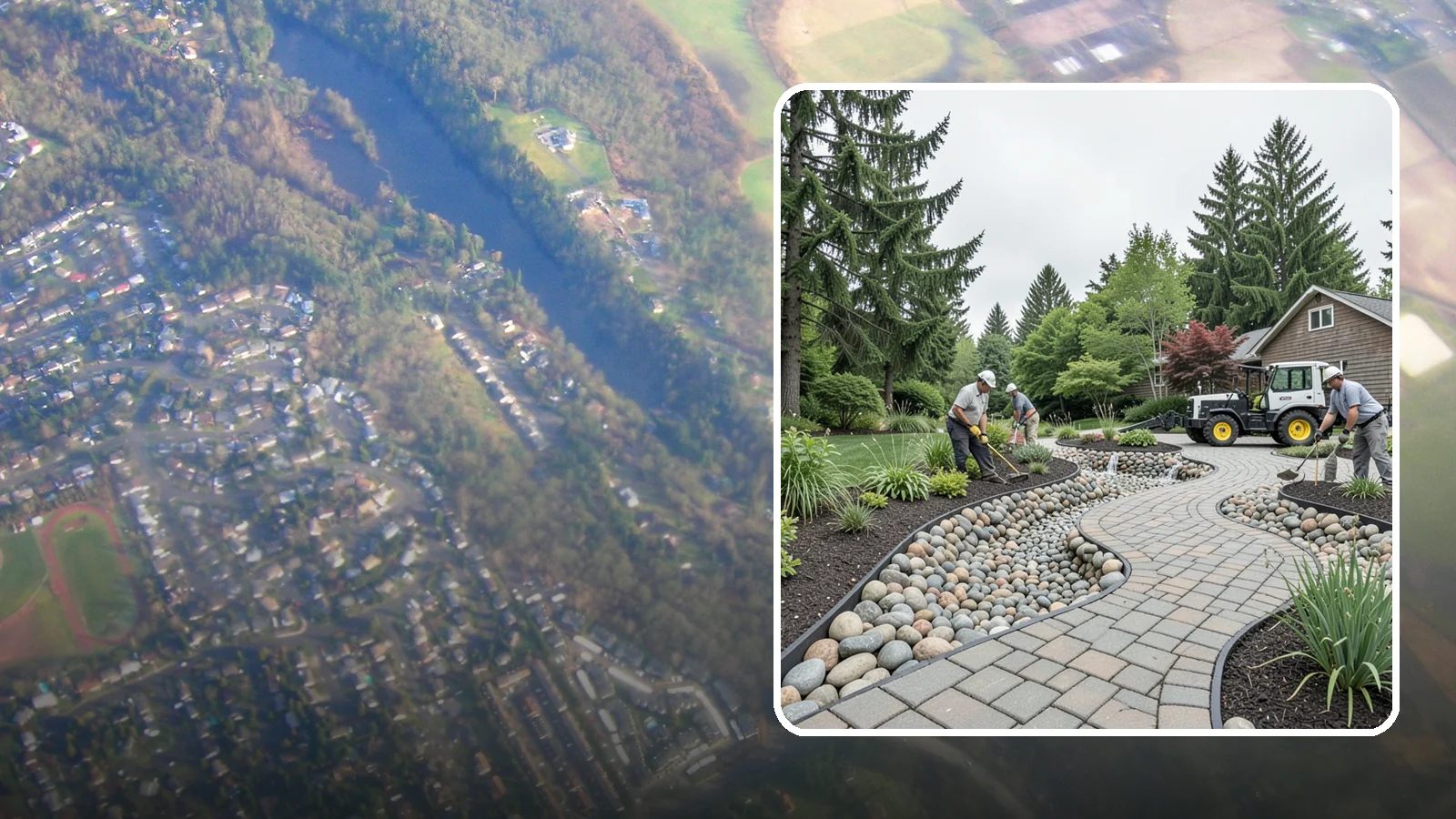 Cobble Installation in Algona, King County, WA - Large, rounded river cobble that creates dry creek beds, drainage swales, and dramatic garden focal points.