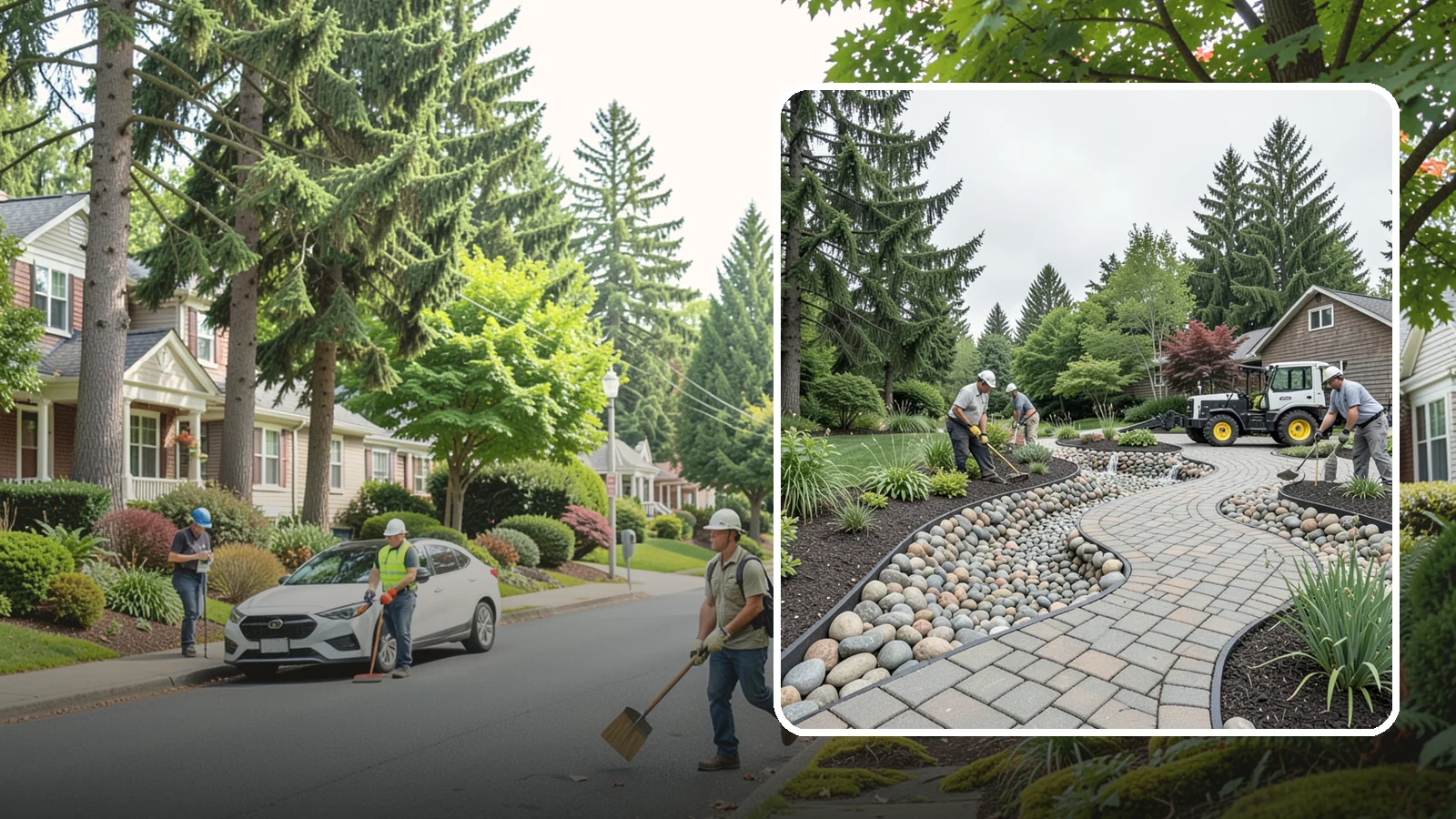 Cobble Installation in Beaux Arts Village, King County, WA - Large, rounded river cobble that creates dry creek beds, drainage swales, and dramatic garden focal points.