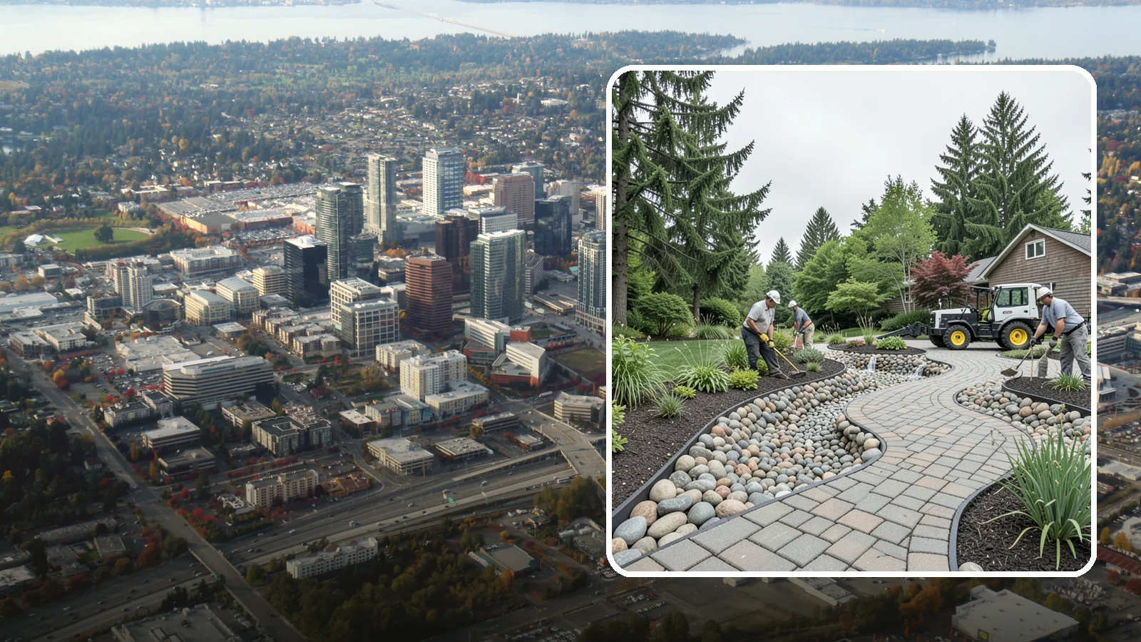 Cobble Installation in Bellevue, King County, WA - Large, rounded river cobble that creates dry creek beds, drainage swales, and dramatic garden focal points.