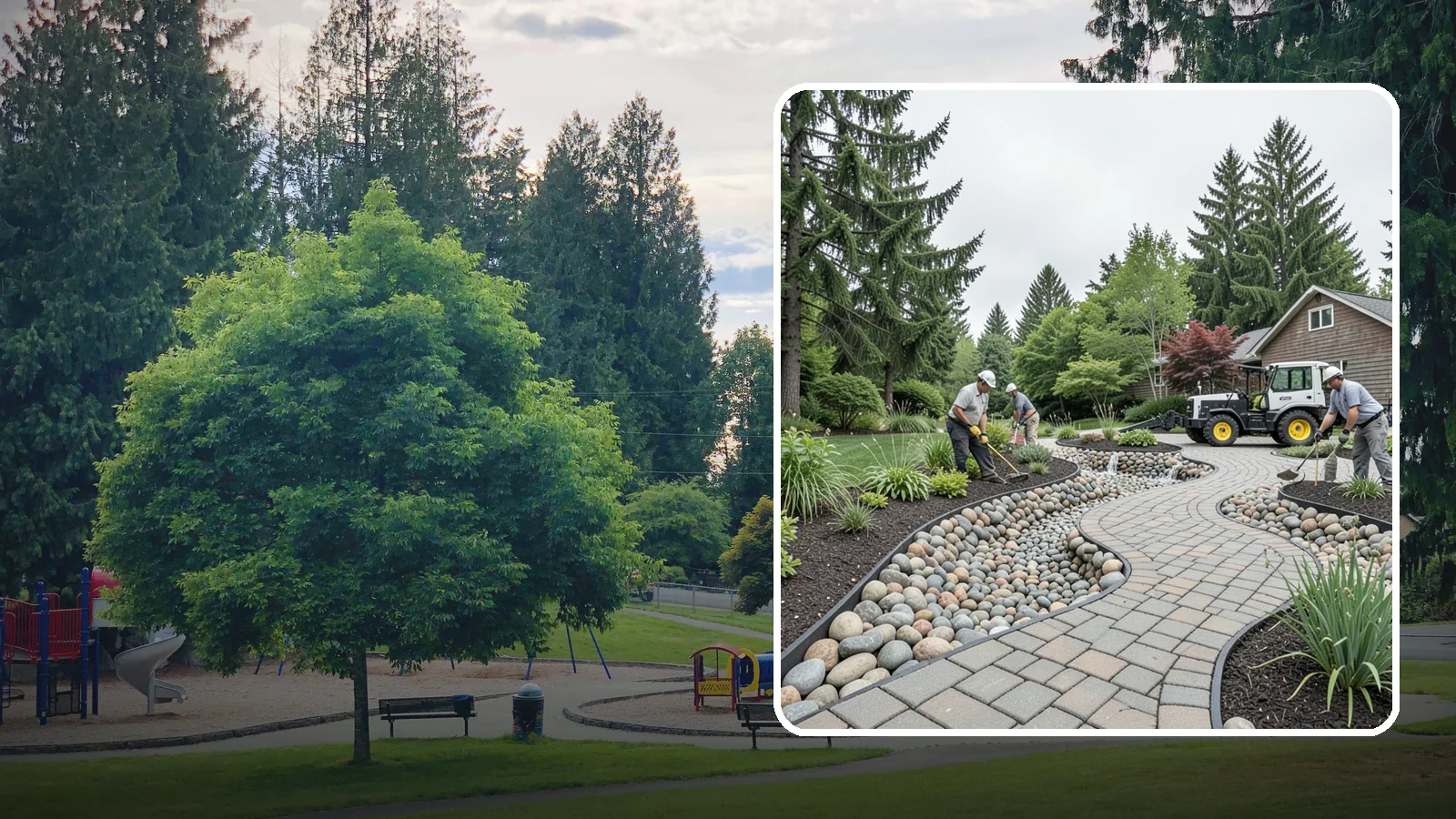 Cobble Installation in Bonney Lake, Pierce County, WA - Large, rounded river cobble that creates dry creek beds, drainage swales, and dramatic garden focal points.