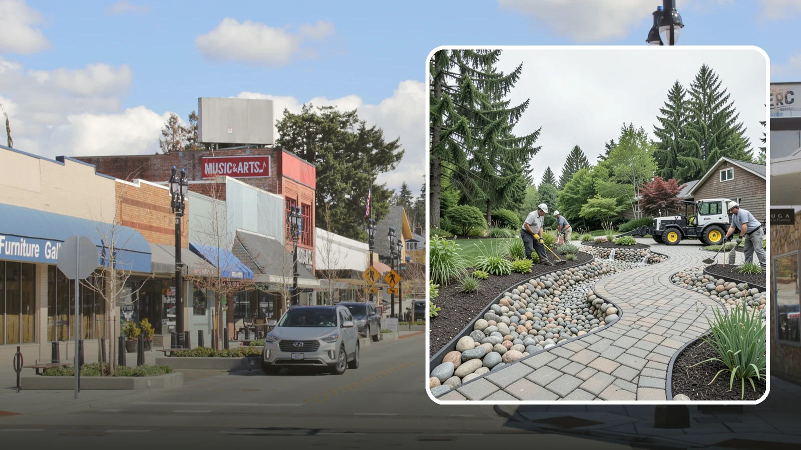 Cobble Installation in Bothell, King County, WA - Large, rounded river cobble that creates dry creek beds, drainage swales, and dramatic garden focal points.