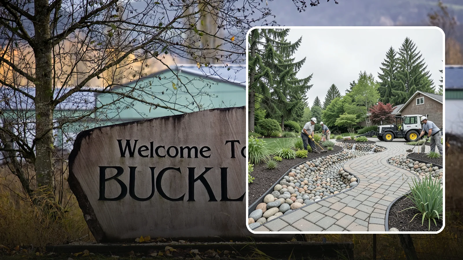 Cobble Installation in Buckley, Pierce County, WA - Large, rounded river cobble that creates dry creek beds, drainage swales, and dramatic garden focal points.