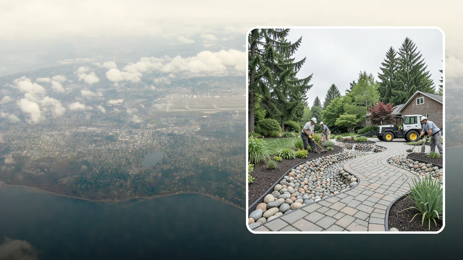 Cobble Installation in Burien, King County, WA - Large, rounded river cobble that creates dry creek beds, drainage swales, and dramatic garden focal points.