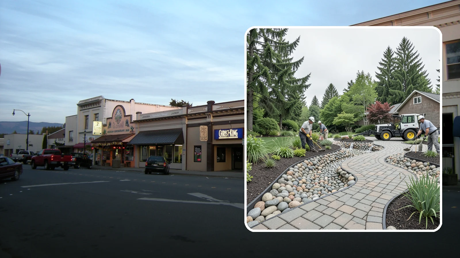 Cobble Installation in Burlington, Skagit County, WA - Large, rounded river cobble that creates dry creek beds, drainage swales, and dramatic garden focal points.