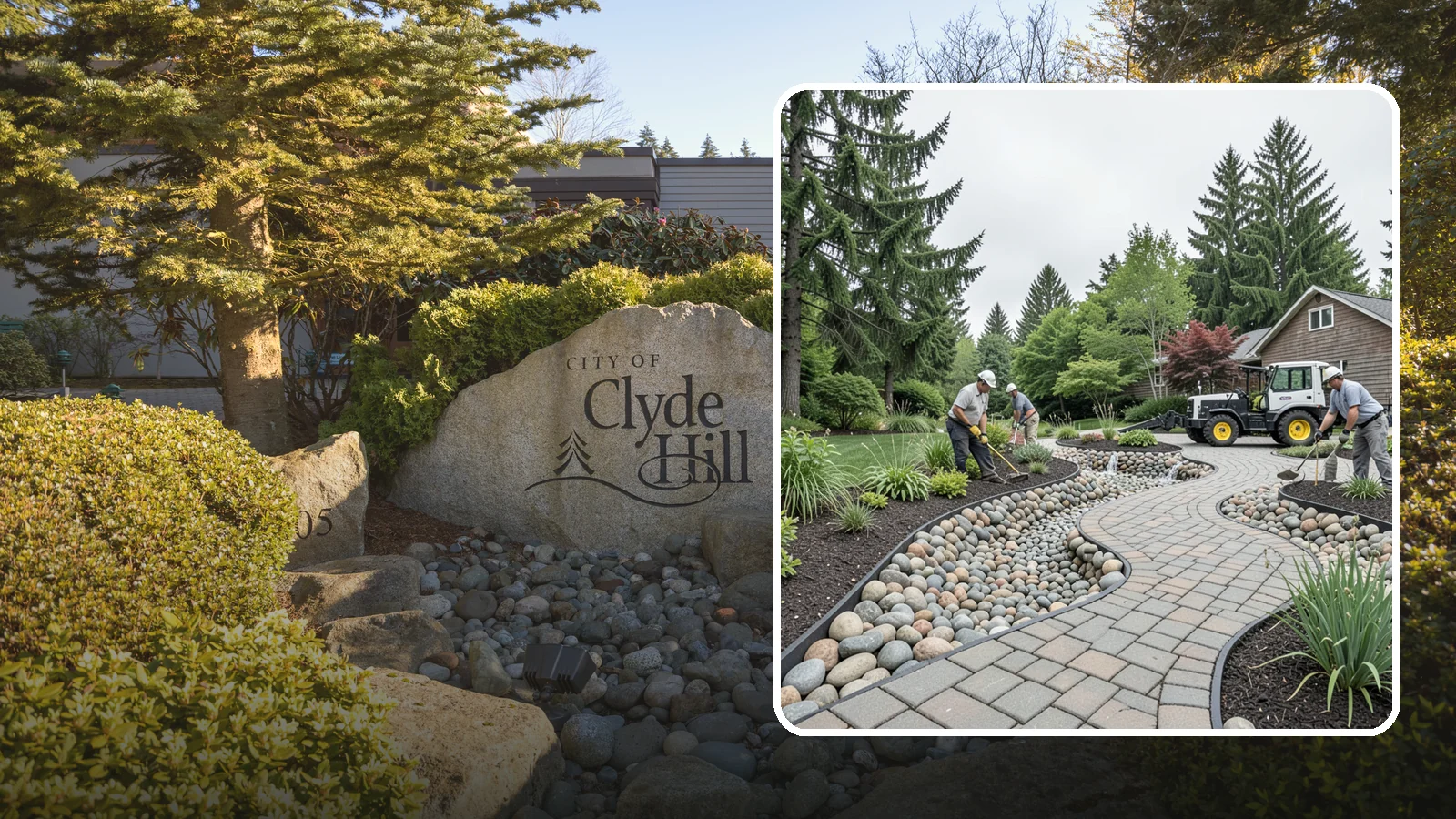 Cobble Installation in Clyde Hill, King County, WA - Large, rounded river cobble that creates dry creek beds, drainage swales, and dramatic garden focal points.