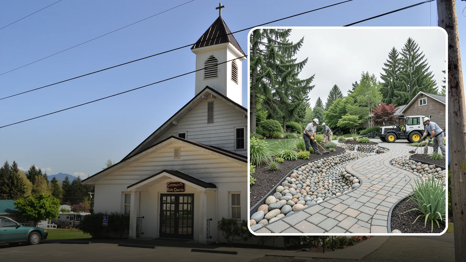 Cobble Installation in Concrete, Skagit County, WA - Large, rounded river cobble that creates dry creek beds, drainage swales, and dramatic garden focal points.
