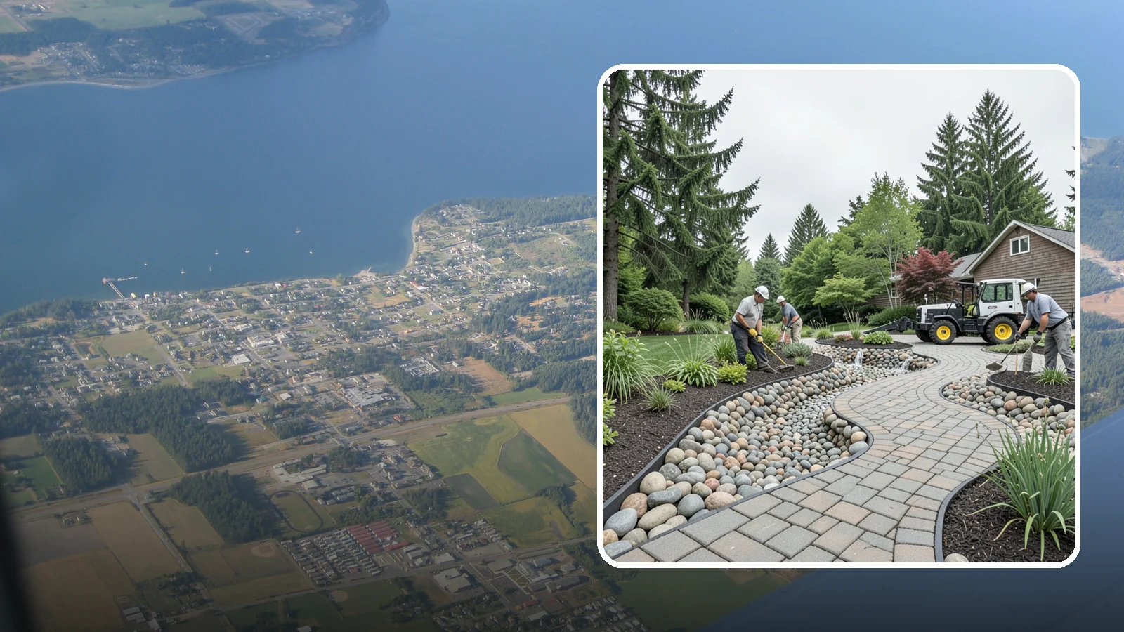Cobble Installation in Coupeville, Island County, WA - Large, rounded river cobble that creates dry creek beds, drainage swales, and dramatic garden focal points.