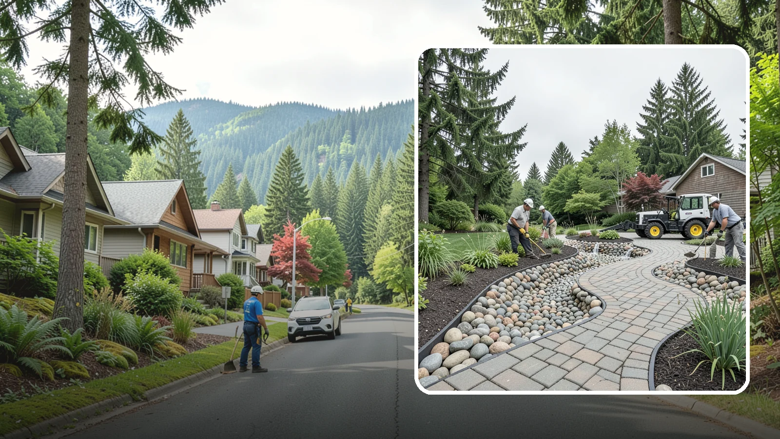 Cobble Installation in Darrington, Snohomish County, WA - Large, rounded river cobble that creates dry creek beds, drainage swales, and dramatic garden focal points.