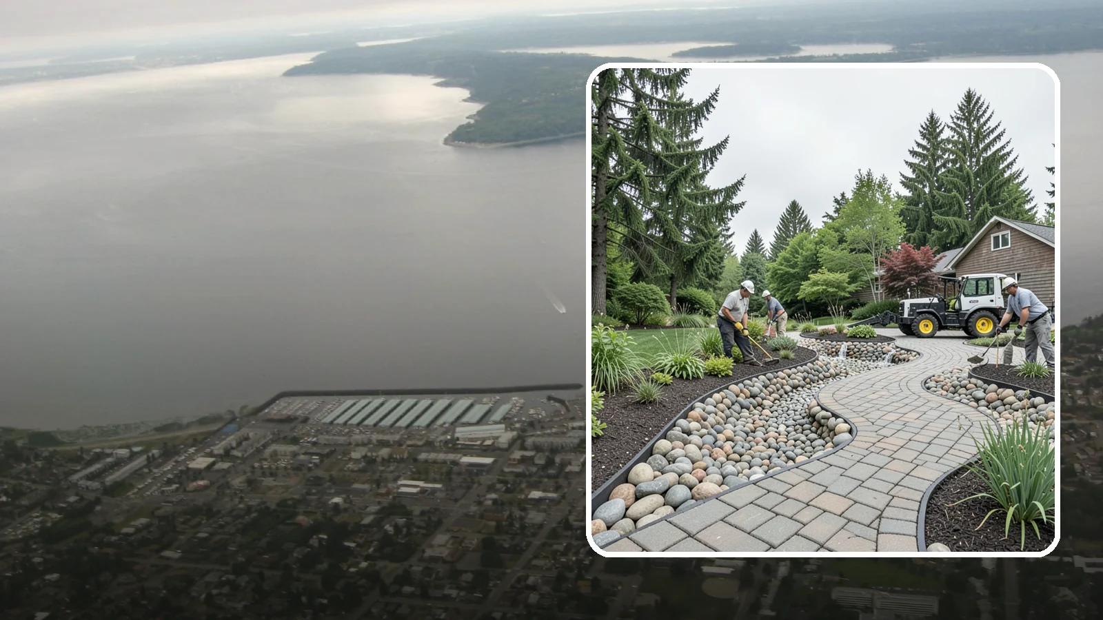 Cobble Installation in Des Moines, King County, WA - Large, rounded river cobble that creates dry creek beds, drainage swales, and dramatic garden focal points.