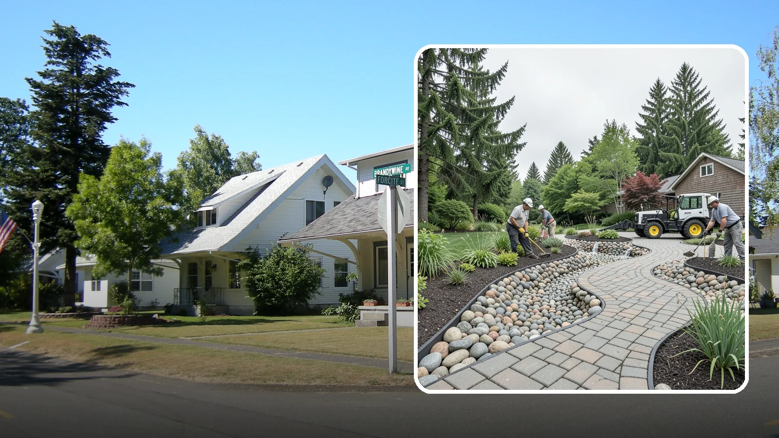 Cobble Installation in DuPont, Pierce County, WA - Large, rounded river cobble that creates dry creek beds, drainage swales, and dramatic garden focal points.