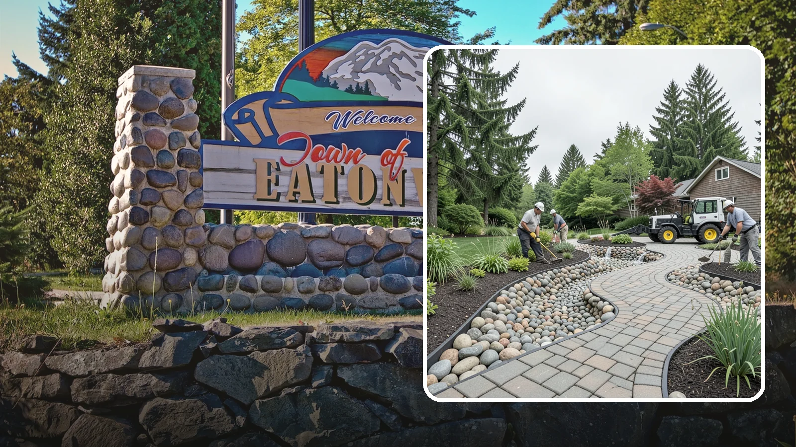 Cobble Installation in Eatonville, Pierce County, WA - Large, rounded river cobble that creates dry creek beds, drainage swales, and dramatic garden focal points.