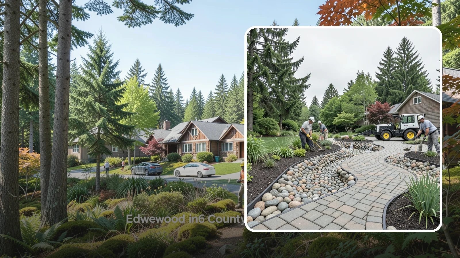 Cobble Installation in Edgewood, Pierce County, WA - Large, rounded river cobble that creates dry creek beds, drainage swales, and dramatic garden focal points.