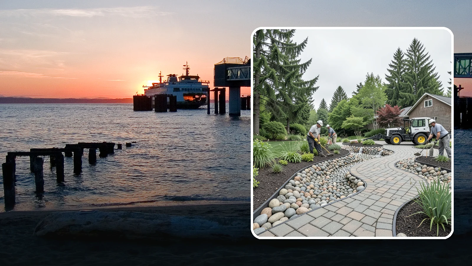 Cobble Installation in Edmonds, Snohomish County, WA - Large, rounded river cobble that creates dry creek beds, drainage swales, and dramatic garden focal points.