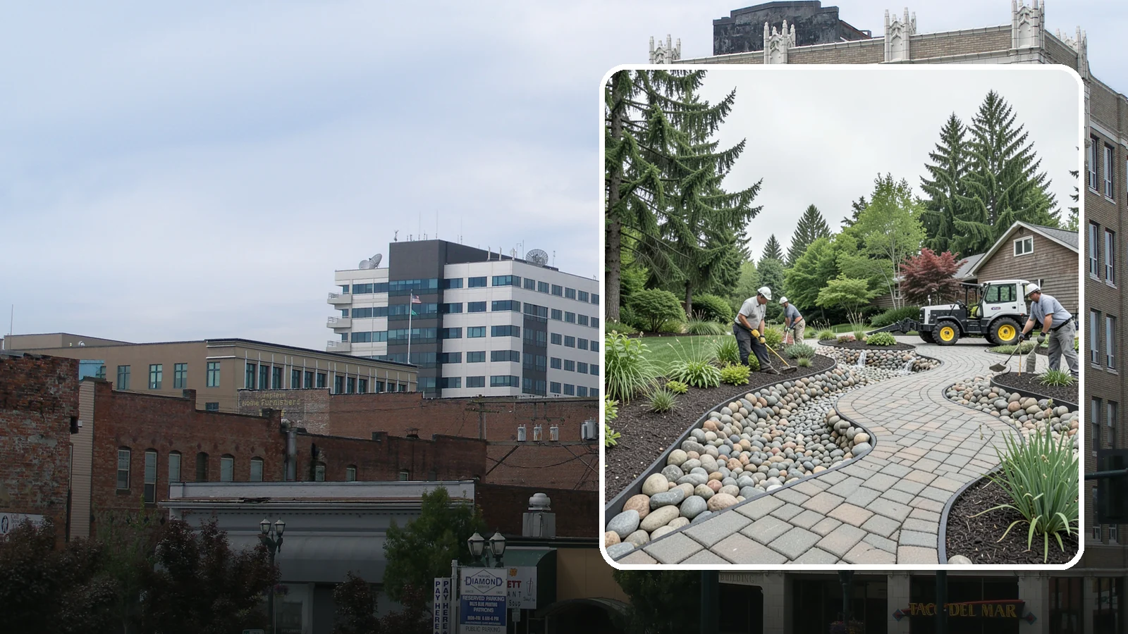 Cobble Installation in Everett, Snohomish County, WA - Large, rounded river cobble that creates dry creek beds, drainage swales, and dramatic garden focal points.