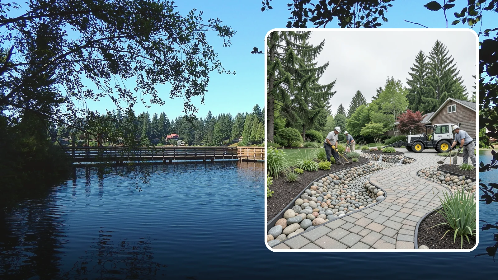 Cobble Installation in Federal Way, King County, WA - Large, rounded river cobble that creates dry creek beds, drainage swales, and dramatic garden focal points.
