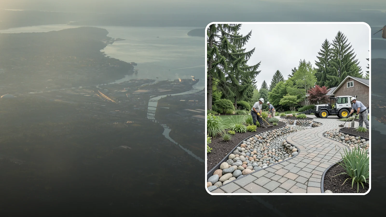 Cobble Installation in Fife, Pierce County, WA - Large, rounded river cobble that creates dry creek beds, drainage swales, and dramatic garden focal points.