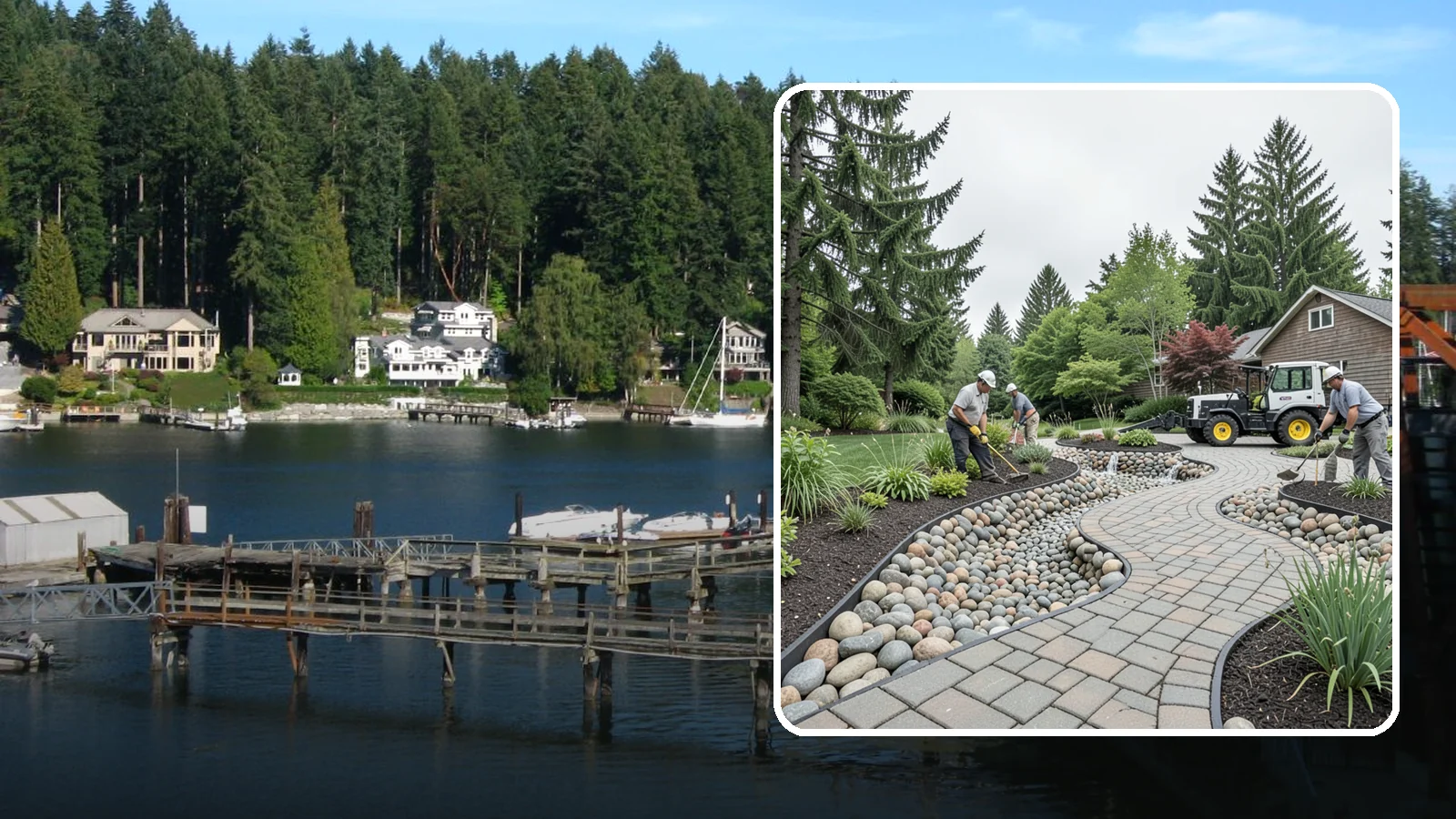 Cobble Installation in Gig Harbor, Pierce County, WA - Large, rounded river cobble that creates dry creek beds, drainage swales, and dramatic garden focal points.