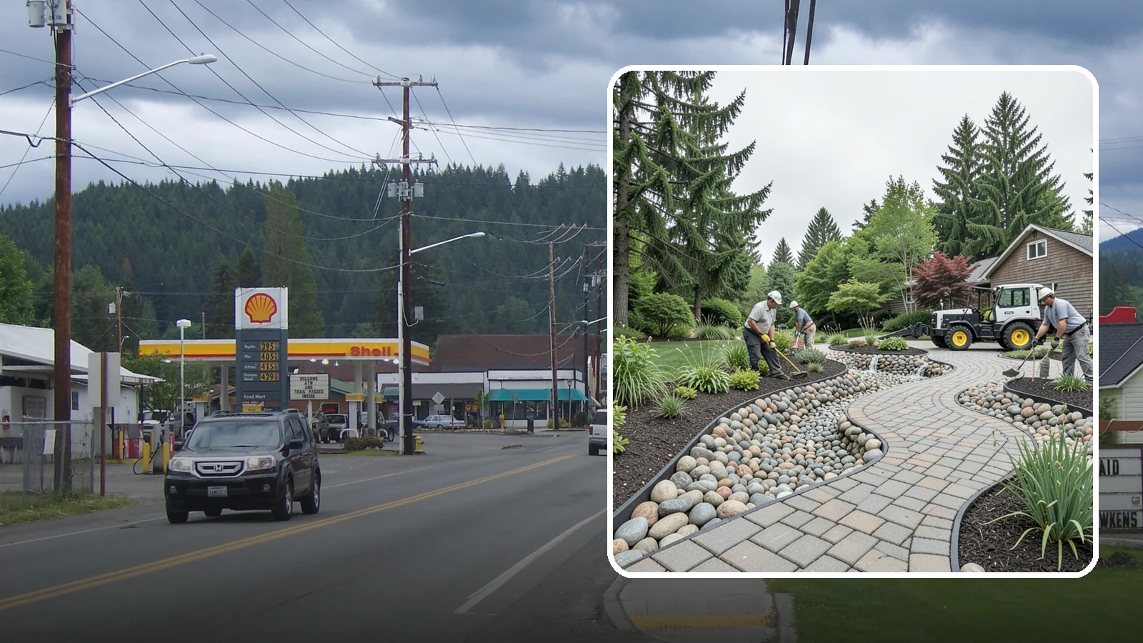 Cobble Installation in Granite Falls, Snohomish County, WA - Large, rounded river cobble that creates dry creek beds, drainage swales, and dramatic garden focal points.