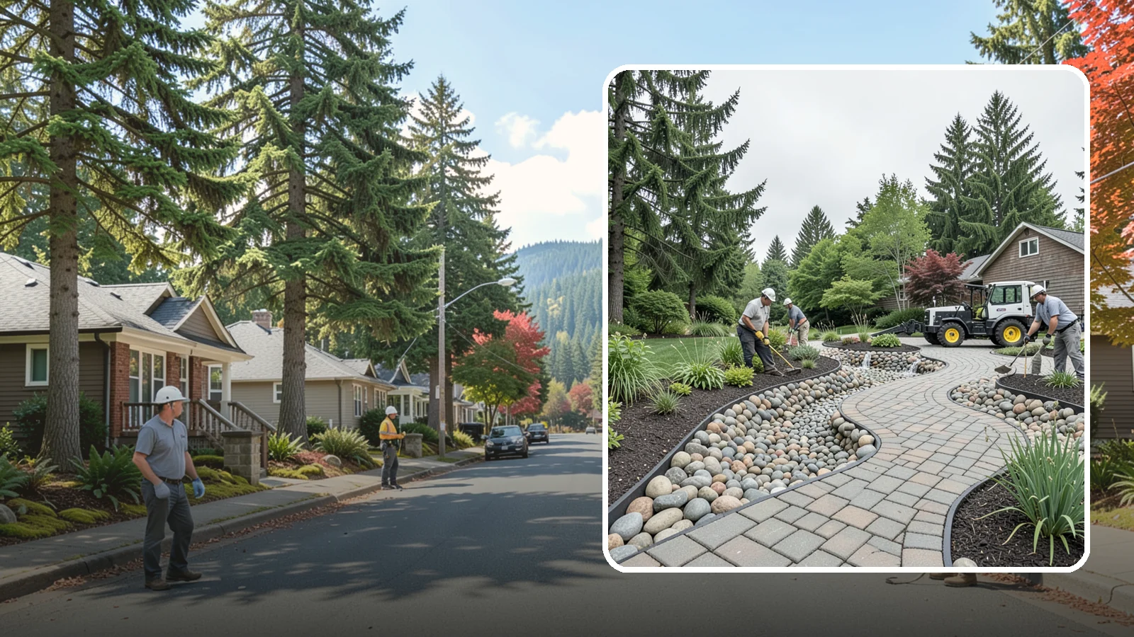 Cobble Installation in Hunts Point, King County, WA - Large, rounded river cobble that creates dry creek beds, drainage swales, and dramatic garden focal points.