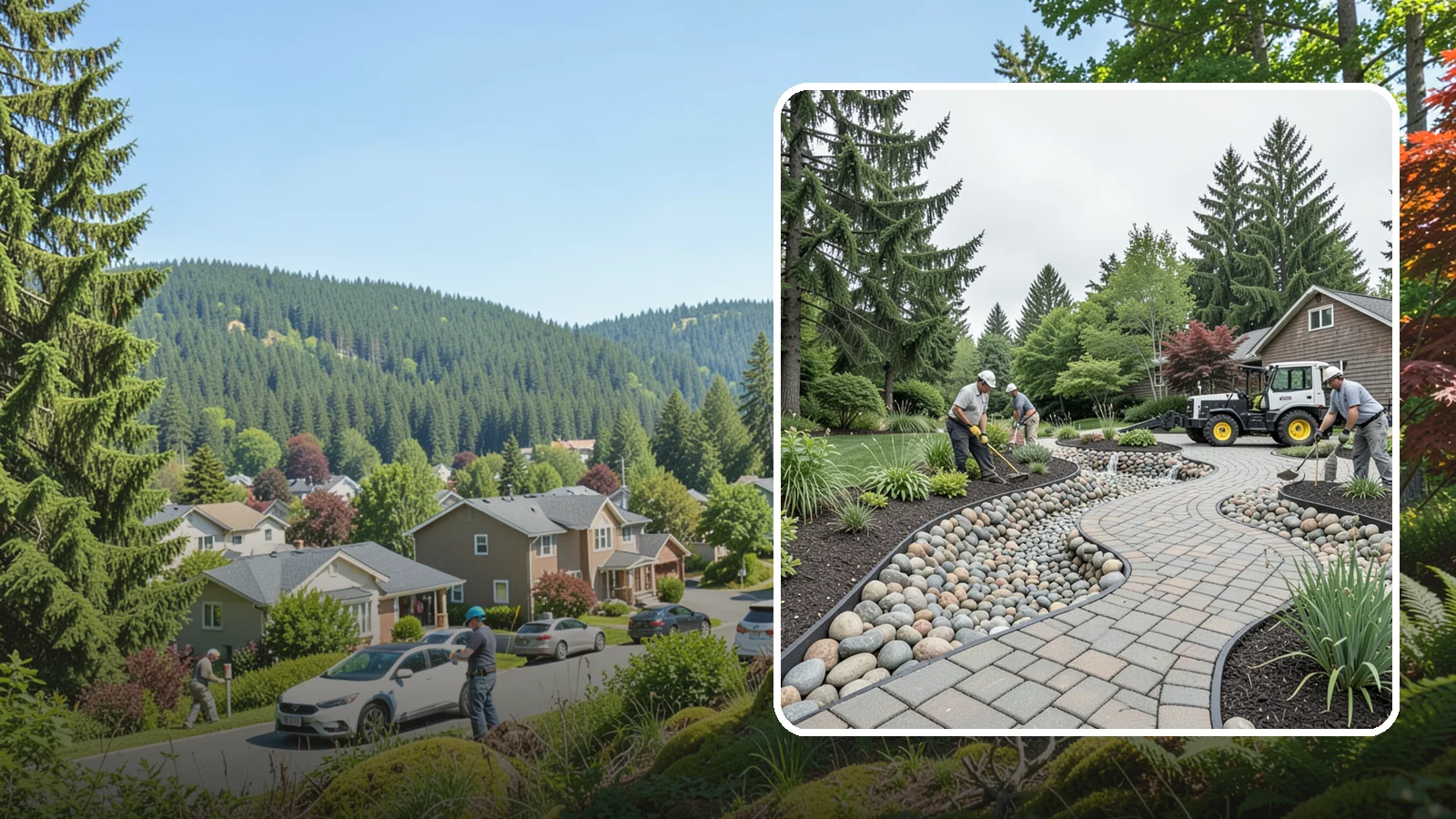 Cobble Installation in Index, Snohomish County, WA - Large, rounded river cobble that creates dry creek beds, drainage swales, and dramatic garden focal points.