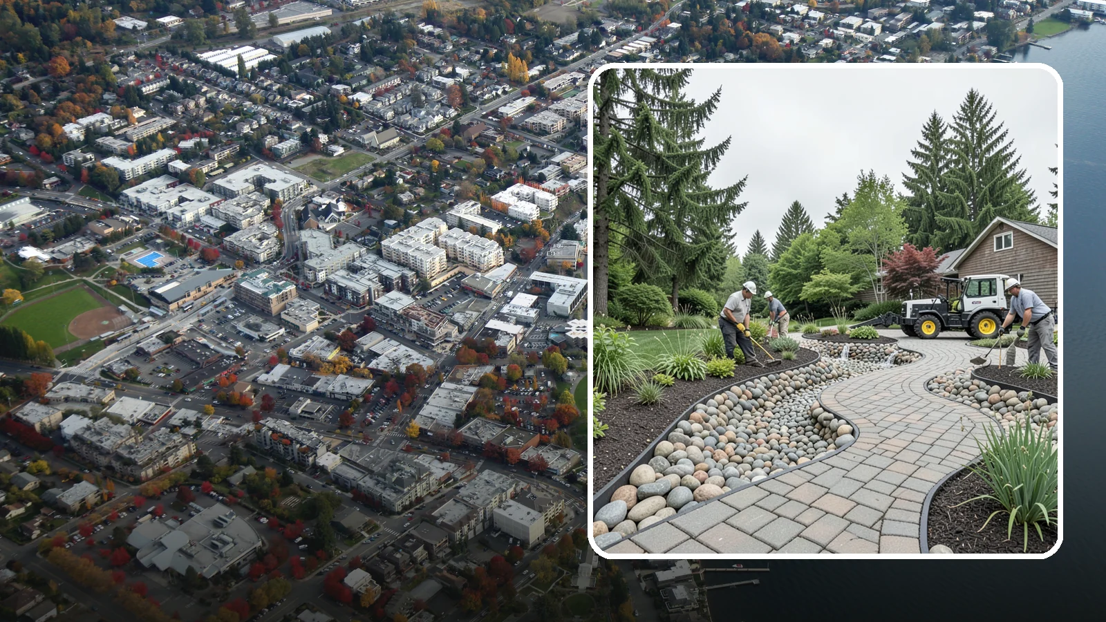 Cobble Installation in Kirkland, King County, WA - Large, rounded river cobble that creates dry creek beds, drainage swales, and dramatic garden focal points.