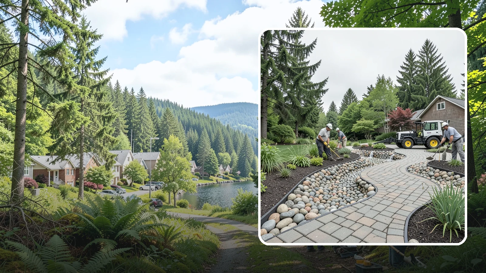 Cobble Installation in Lake Forest Park, King County, WA - Large, rounded river cobble that creates dry creek beds, drainage swales, and dramatic garden focal points.