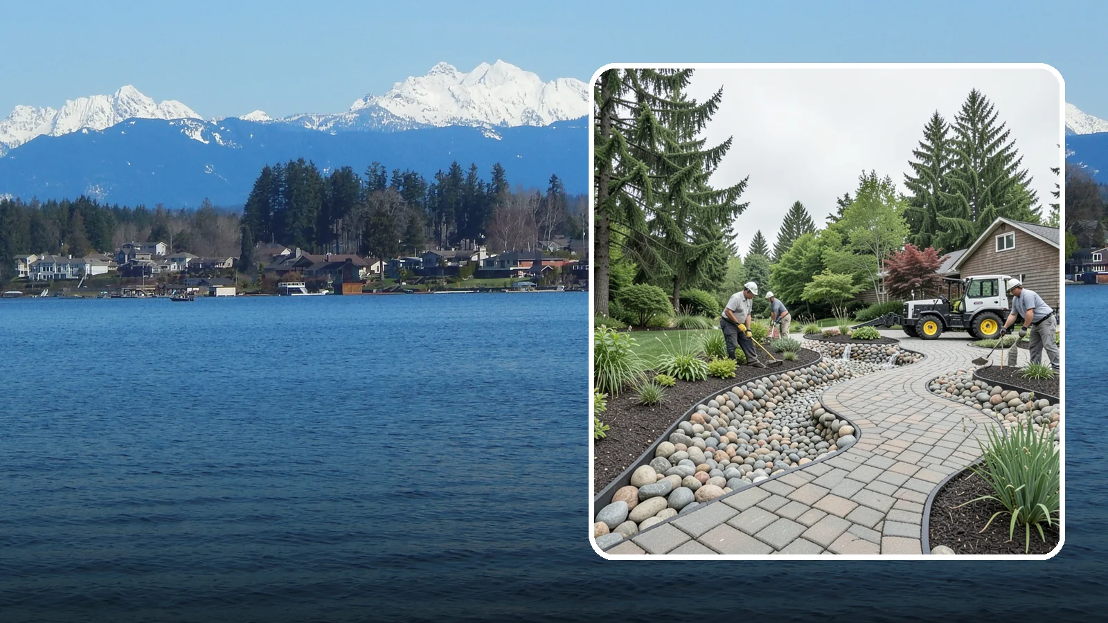 Cobble Installation in Lake Stevens, Snohomish County, WA - Large, rounded river cobble that creates dry creek beds, drainage swales, and dramatic garden focal points.