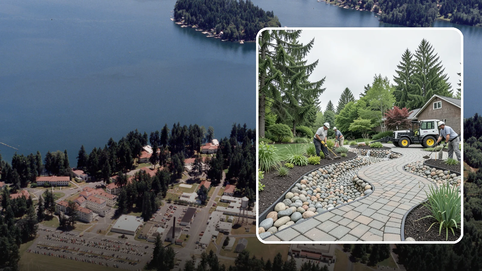 Cobble Installation in Lakewood, Pierce County, WA - Large, rounded river cobble that creates dry creek beds, drainage swales, and dramatic garden focal points.