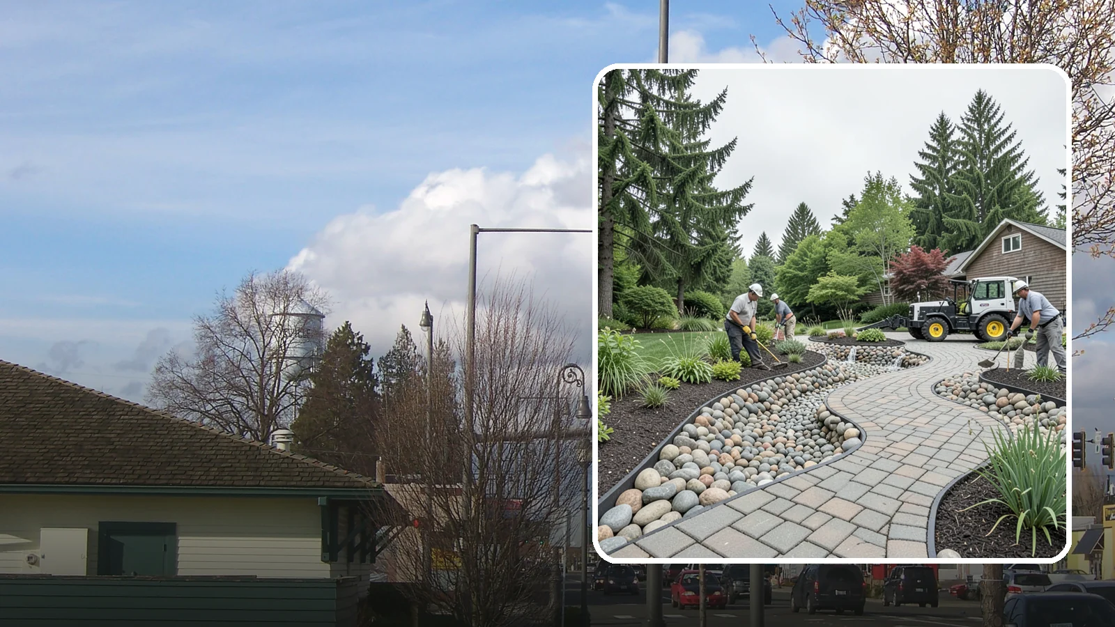 Cobble Installation in Marysville, Snohomish County, WA - Large, rounded river cobble that creates dry creek beds, drainage swales, and dramatic garden focal points.