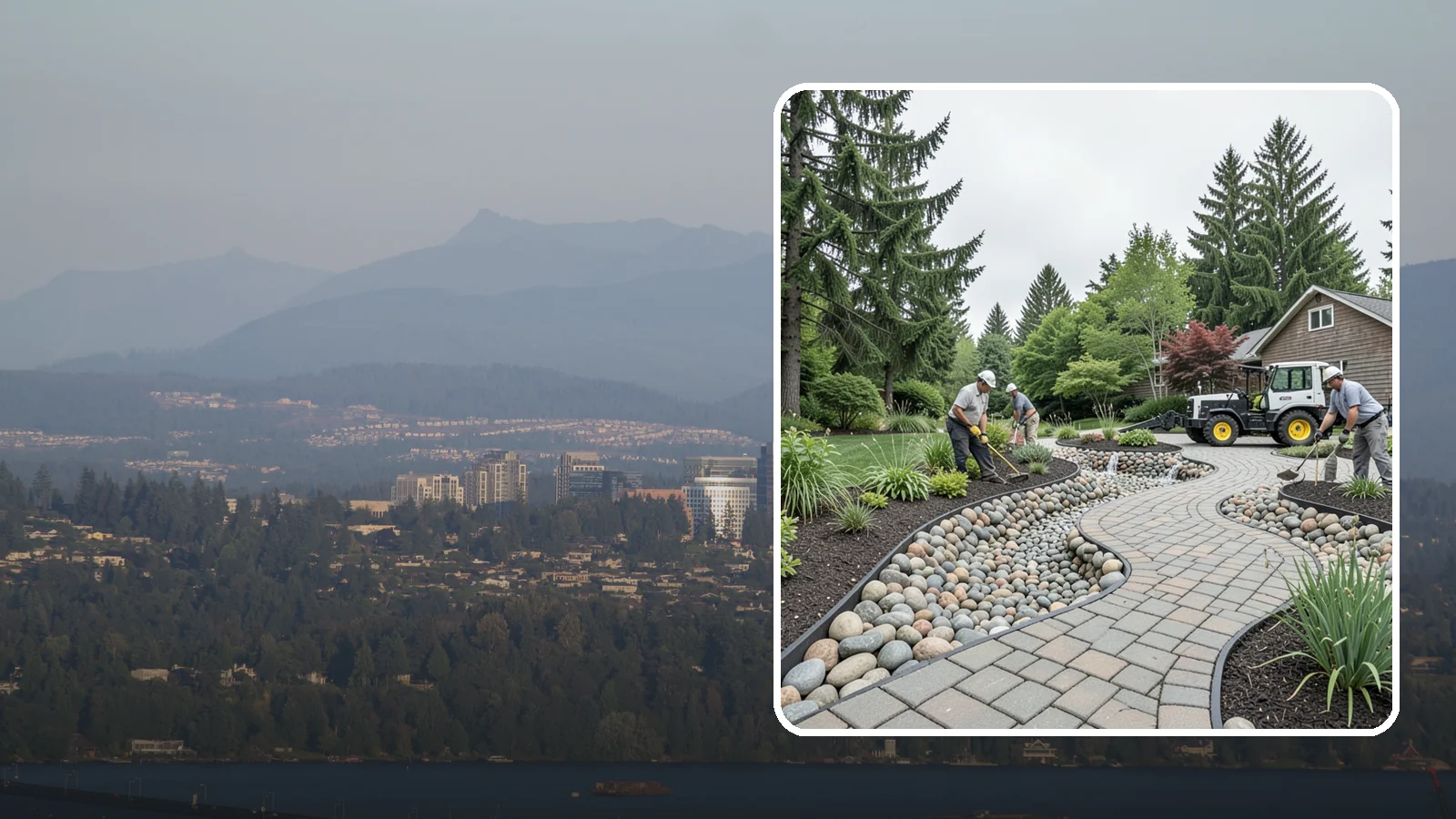 Cobble Installation in Medina, King County, WA - Large, rounded river cobble that creates dry creek beds, drainage swales, and dramatic garden focal points.