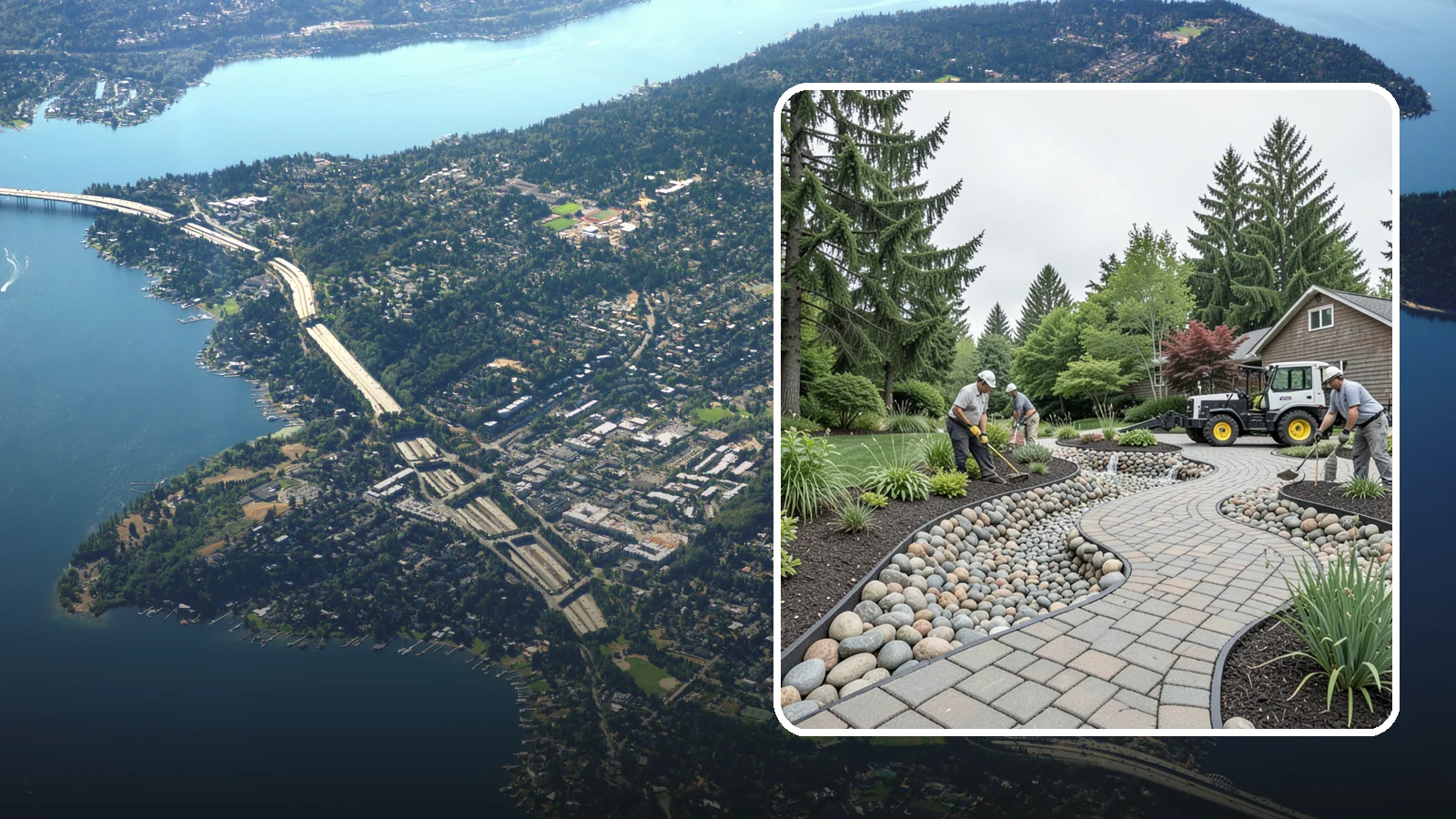 Cobble Installation in Mercer Island, King County, WA - Large, rounded river cobble that creates dry creek beds, drainage swales, and dramatic garden focal points.