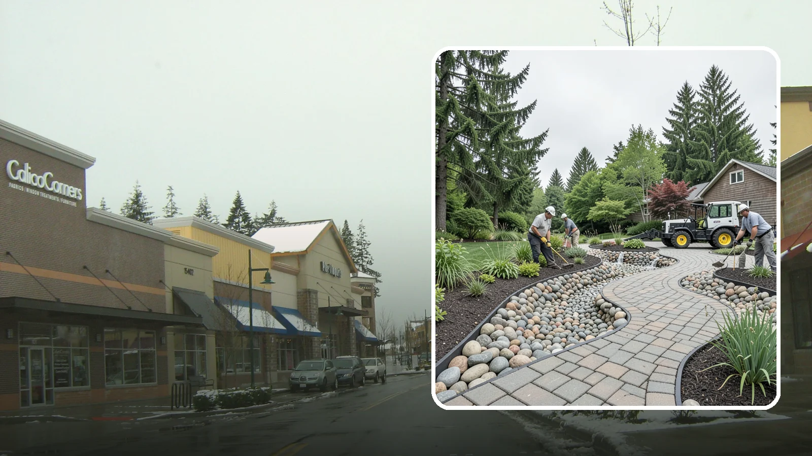 Cobble Installation in Mill Creek, Snohomish County, WA - Large, rounded river cobble that creates dry creek beds, drainage swales, and dramatic garden focal points.