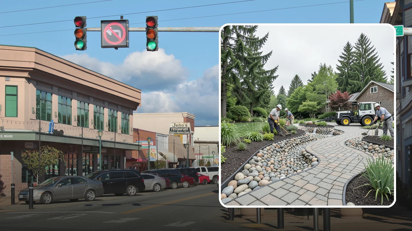 Cobble Installation in Monroe, Snohomish County, WA - Large, rounded river cobble that creates dry creek beds, drainage swales, and dramatic garden focal points.