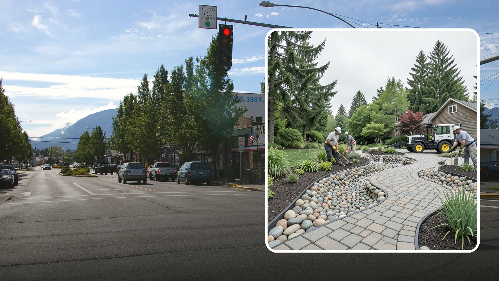 Cobble Installation in North Bend, King County, WA - Large, rounded river cobble that creates dry creek beds, drainage swales, and dramatic garden focal points.