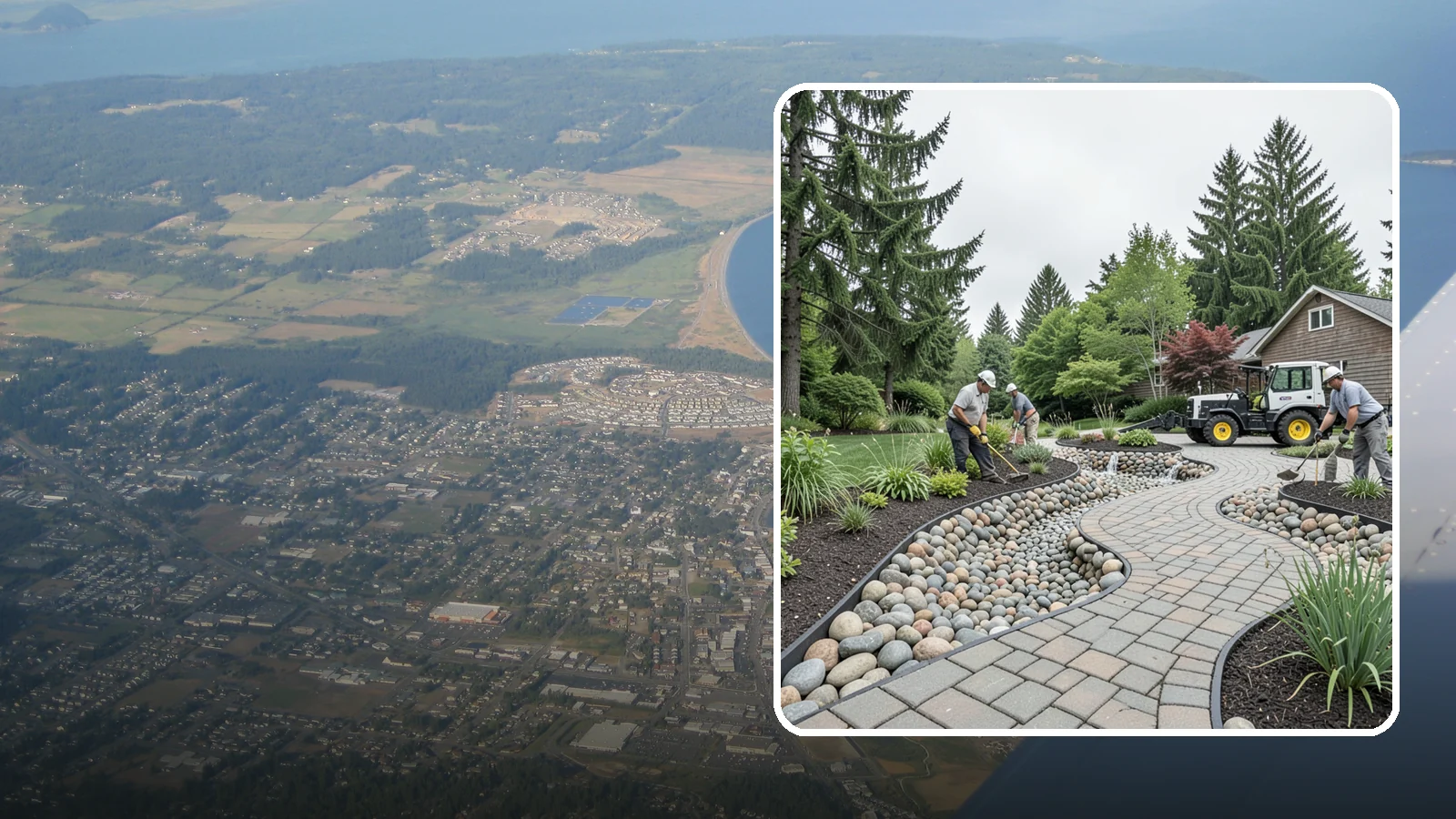 Cobble Installation in Oak Harbor, Island County, WA - Large, rounded river cobble that creates dry creek beds, drainage swales, and dramatic garden focal points.
