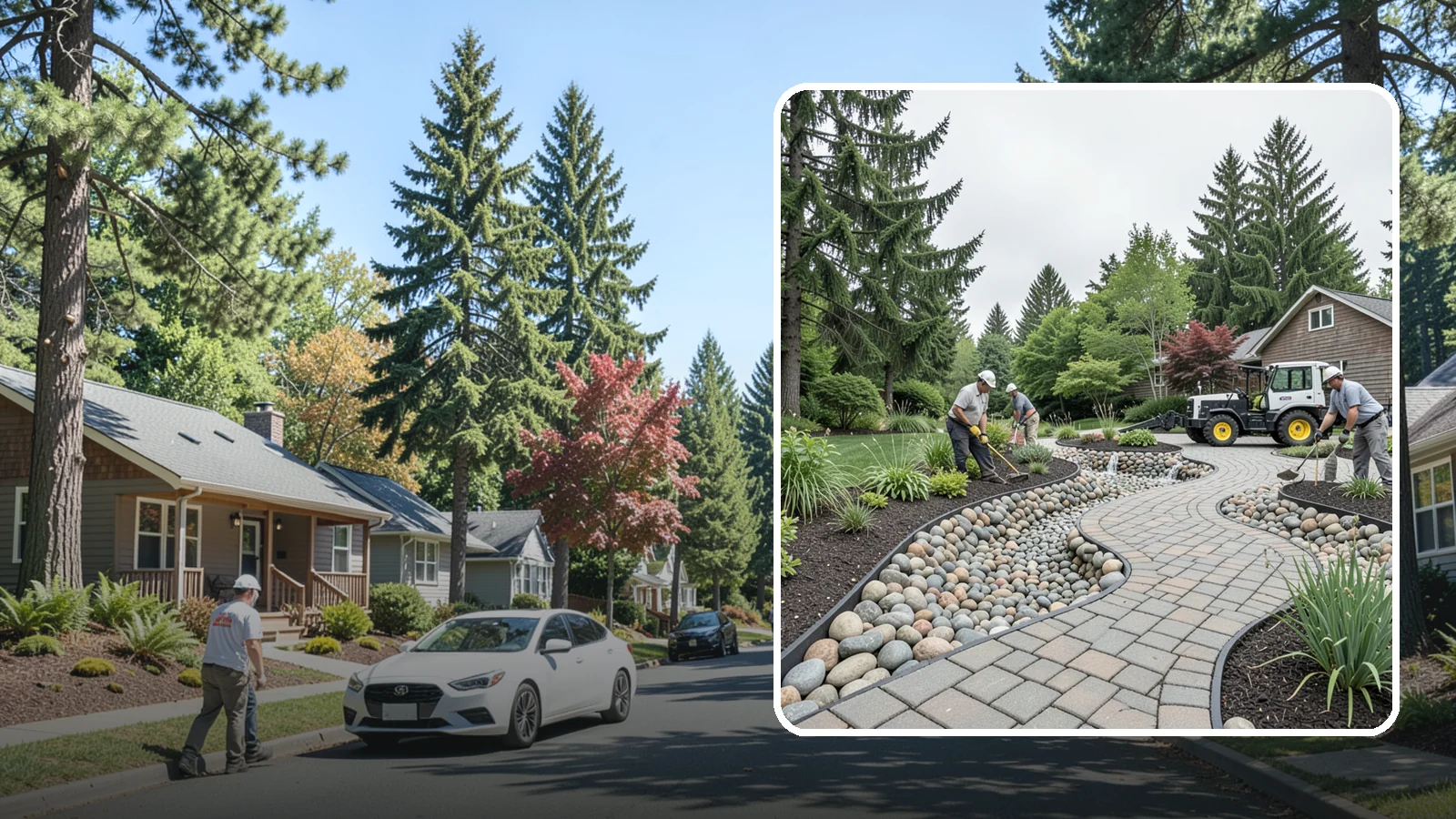 Cobble Installation in Orting, Pierce County, WA - Large, rounded river cobble that creates dry creek beds, drainage swales, and dramatic garden focal points.