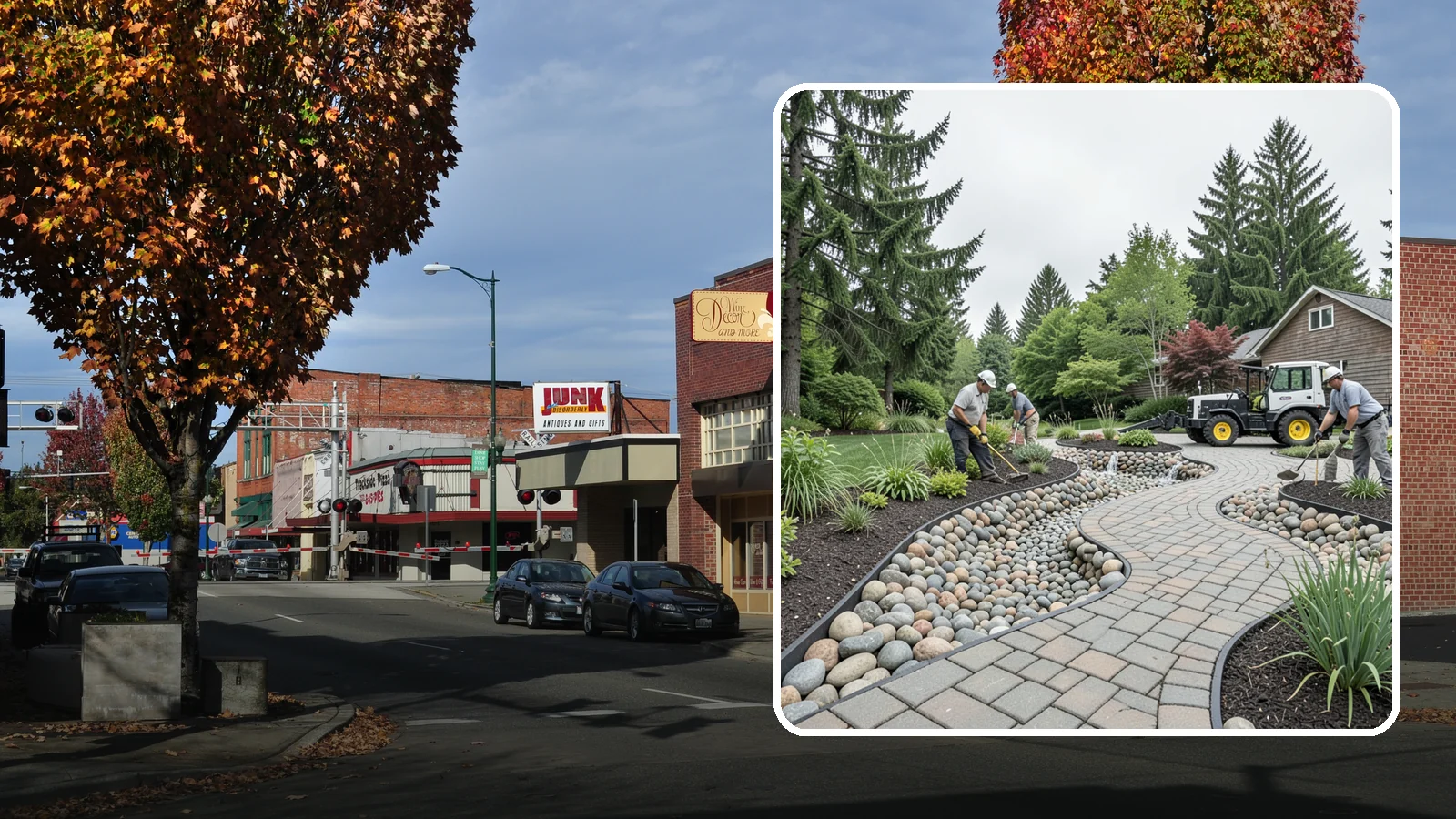 Cobble Installation in Puyallup, Pierce County, WA - Large, rounded river cobble that creates dry creek beds, drainage swales, and dramatic garden focal points.