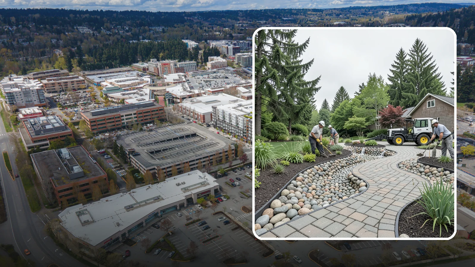 Cobble Installation in Redmond, King County, WA - Large, rounded river cobble that creates dry creek beds, drainage swales, and dramatic garden focal points.