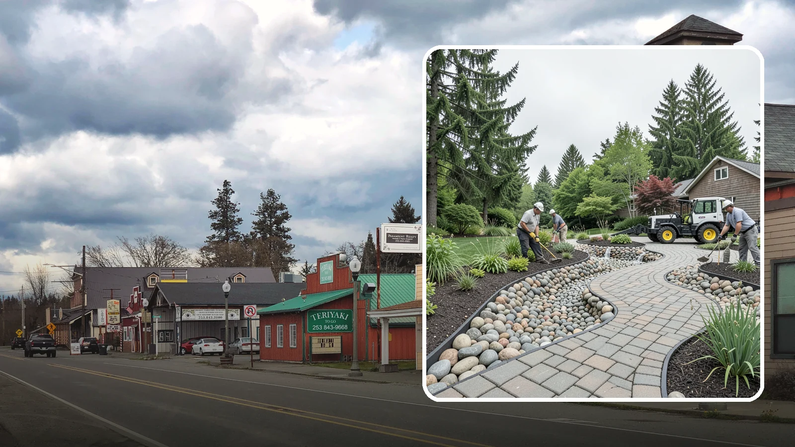 Cobble Installation in Roy, Pierce County, WA - Large, rounded river cobble that creates dry creek beds, drainage swales, and dramatic garden focal points.