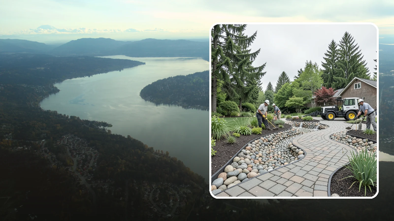 Cobble Installation in Sammamish, King County, WA - Large, rounded river cobble that creates dry creek beds, drainage swales, and dramatic garden focal points.