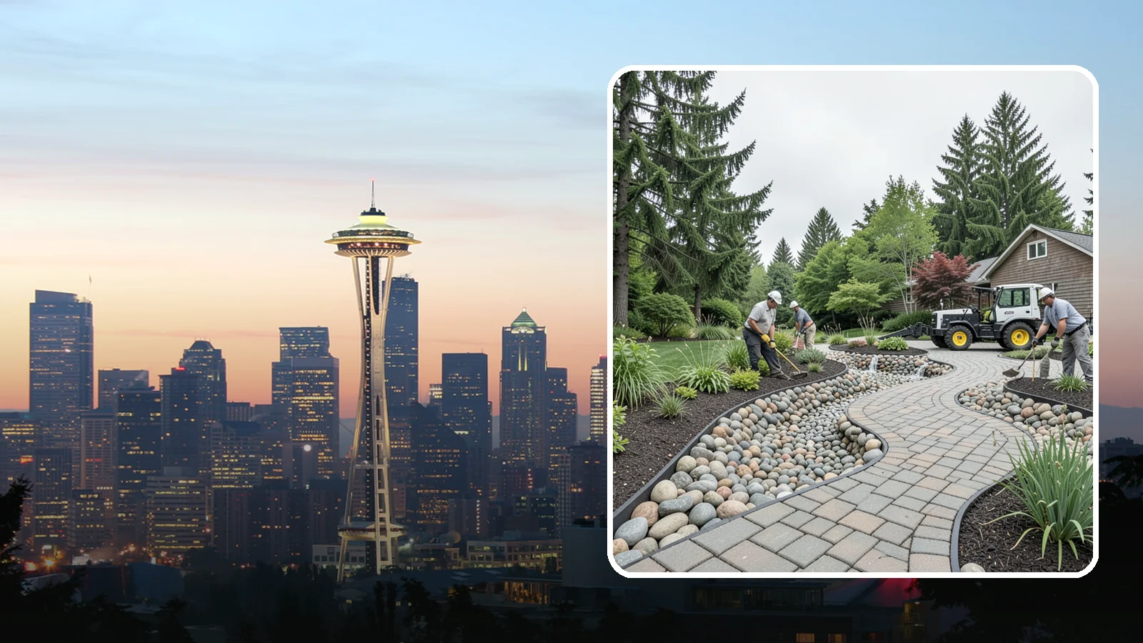 Cobble Installation in Seattle, King County, WA - Large, rounded river cobble that creates dry creek beds, drainage swales, and dramatic garden focal points.