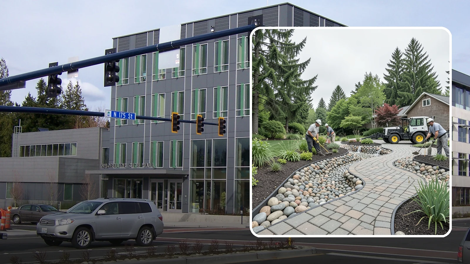 Cobble Installation in Shoreline, King County, WA - Large, rounded river cobble that creates dry creek beds, drainage swales, and dramatic garden focal points.