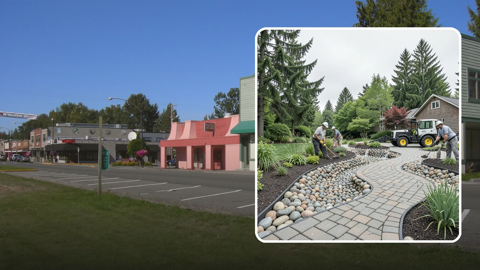 Cobble Installation in Snoqualmie, King County, WA - Large, rounded river cobble that creates dry creek beds, drainage swales, and dramatic garden focal points.