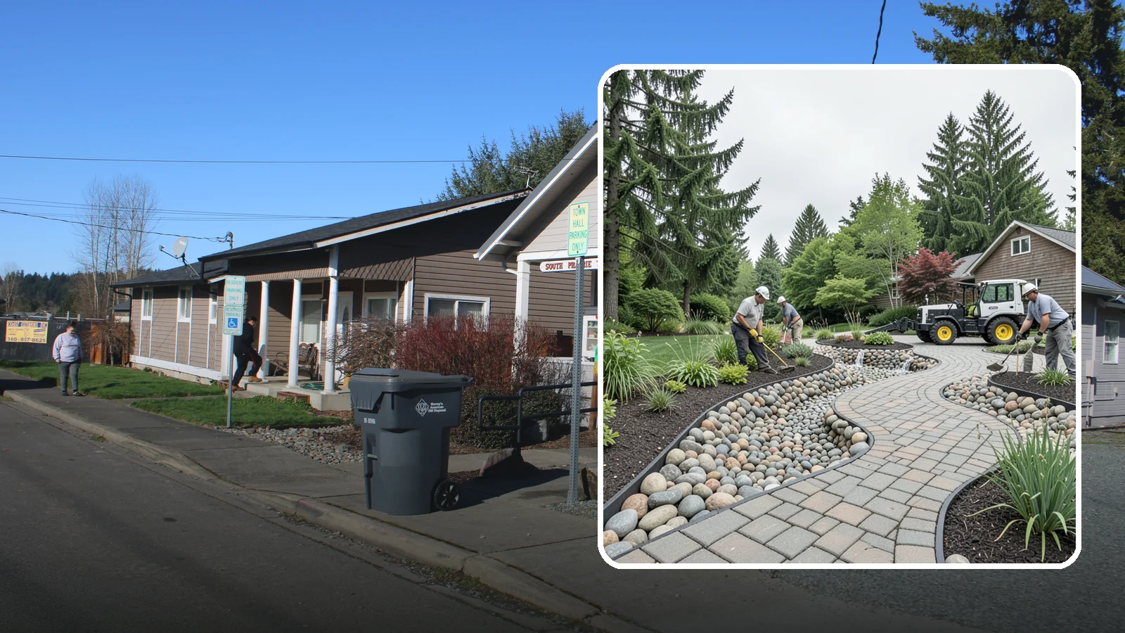 Cobble Installation in South Prairie, Pierce County, WA - Large, rounded river cobble that creates dry creek beds, drainage swales, and dramatic garden focal points.