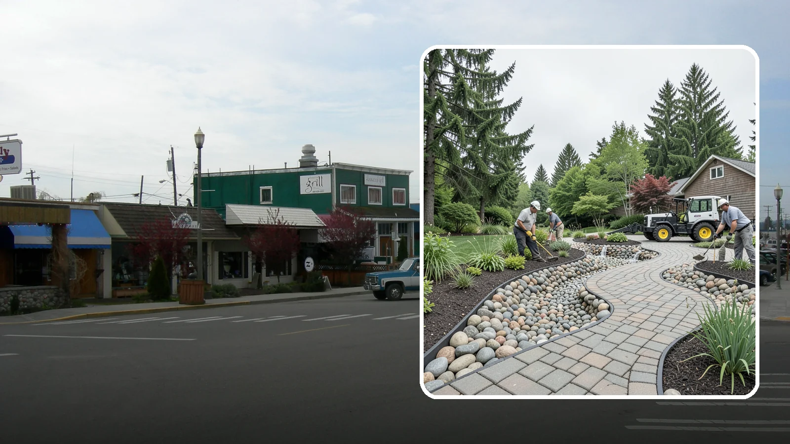 Cobble Installation in Stanwood, Snohomish County, WA - Large, rounded river cobble that creates dry creek beds, drainage swales, and dramatic garden focal points.
