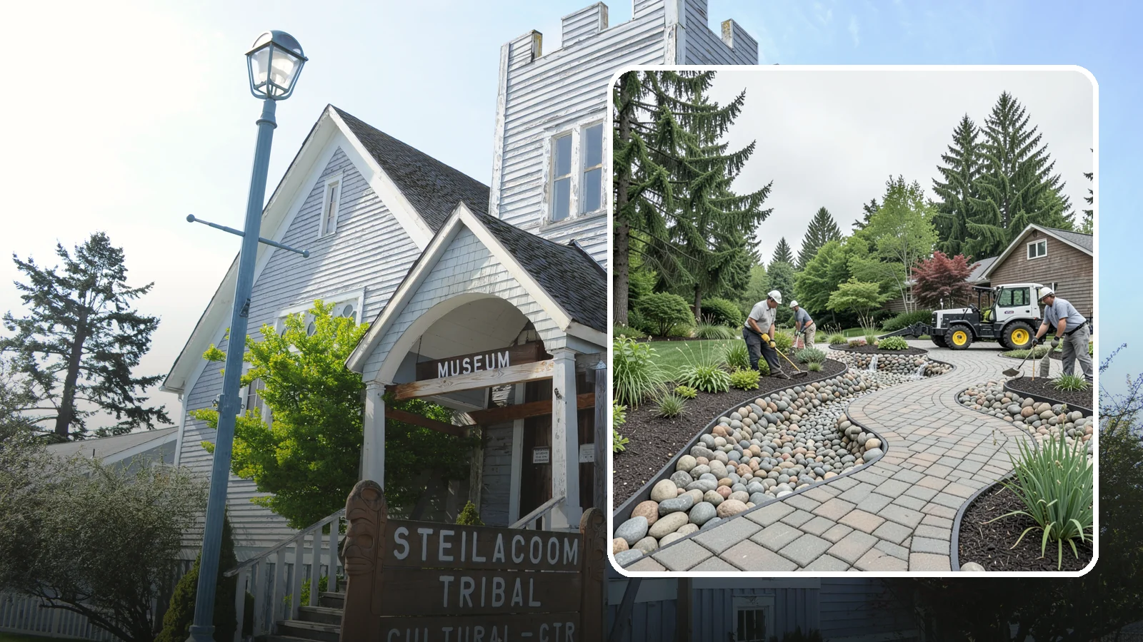 Cobble Installation in Steilacoom, Pierce County, WA - Large, rounded river cobble that creates dry creek beds, drainage swales, and dramatic garden focal points.