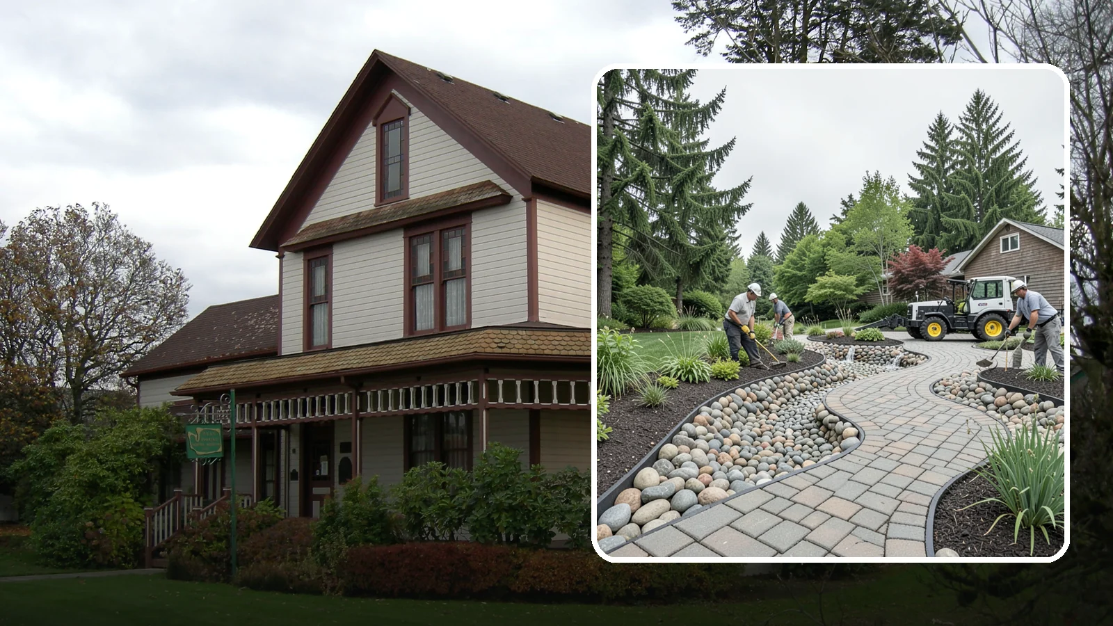 Cobble Installation in Sumner, Pierce County, WA - Large, rounded river cobble that creates dry creek beds, drainage swales, and dramatic garden focal points.