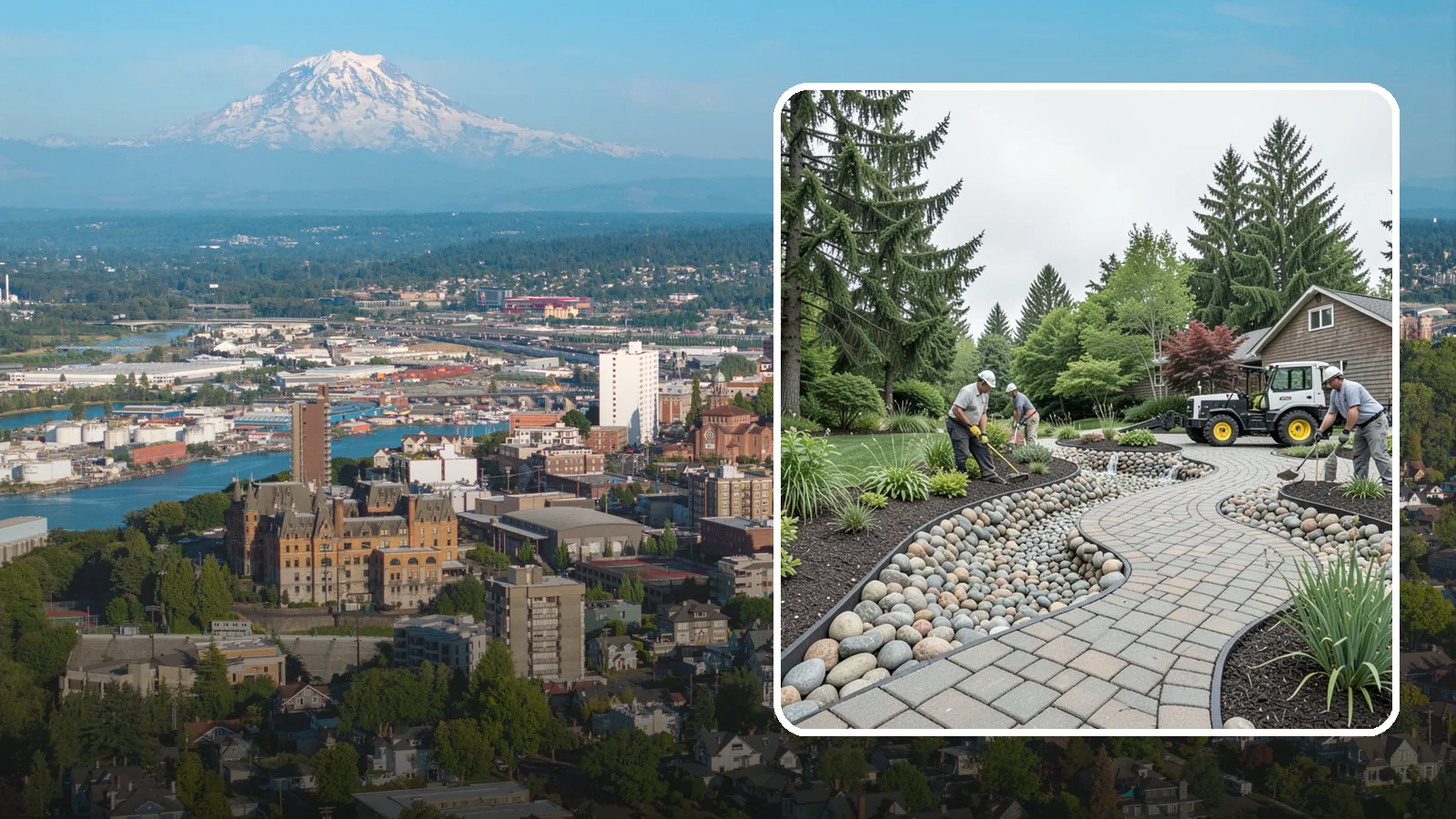 Cobble Installation in Tacoma, Pierce County, WA - Large, rounded river cobble that creates dry creek beds, drainage swales, and dramatic garden focal points.