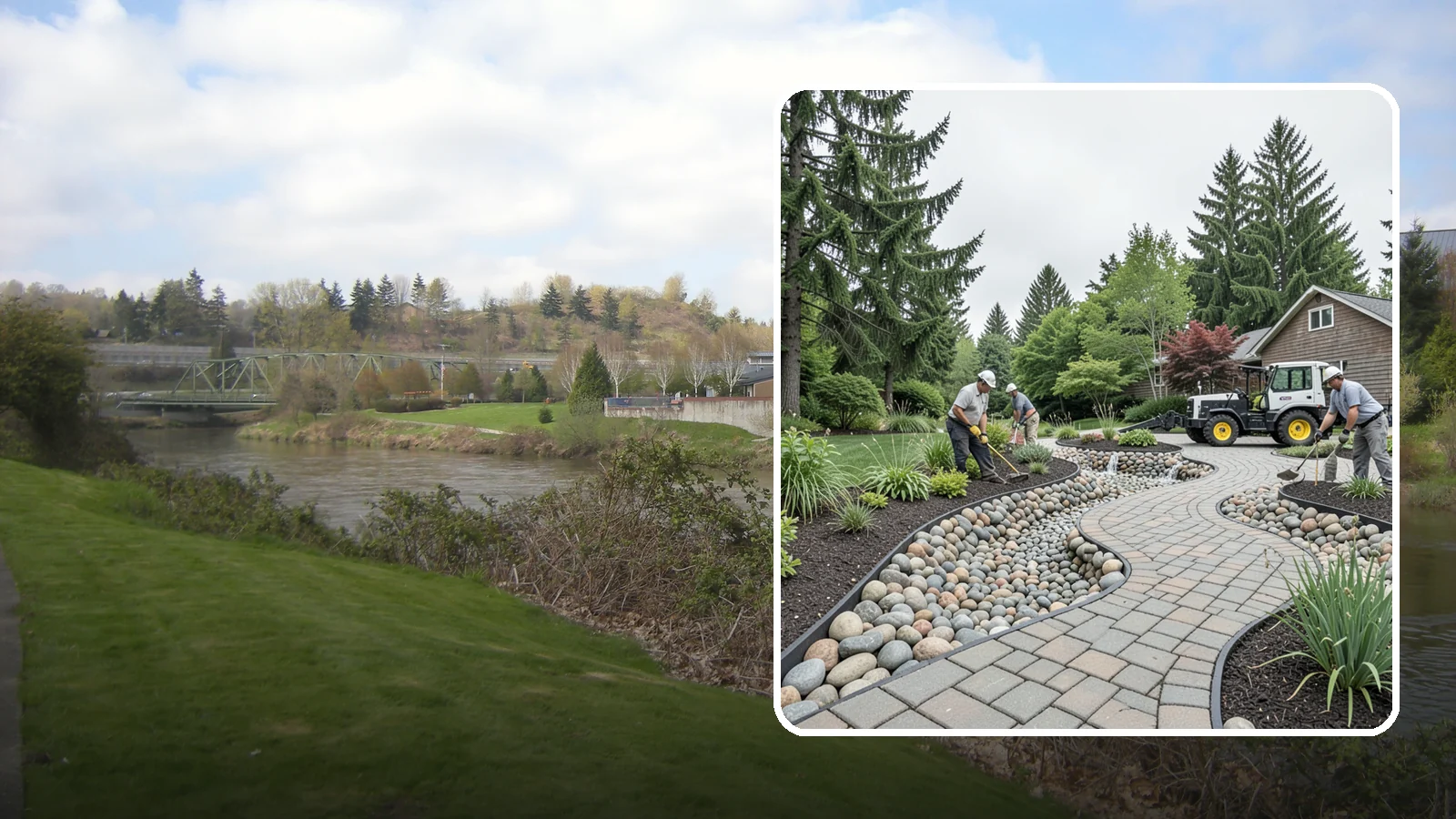 Cobble Installation in Tukwila, King County, WA - Large, rounded river cobble that creates dry creek beds, drainage swales, and dramatic garden focal points.