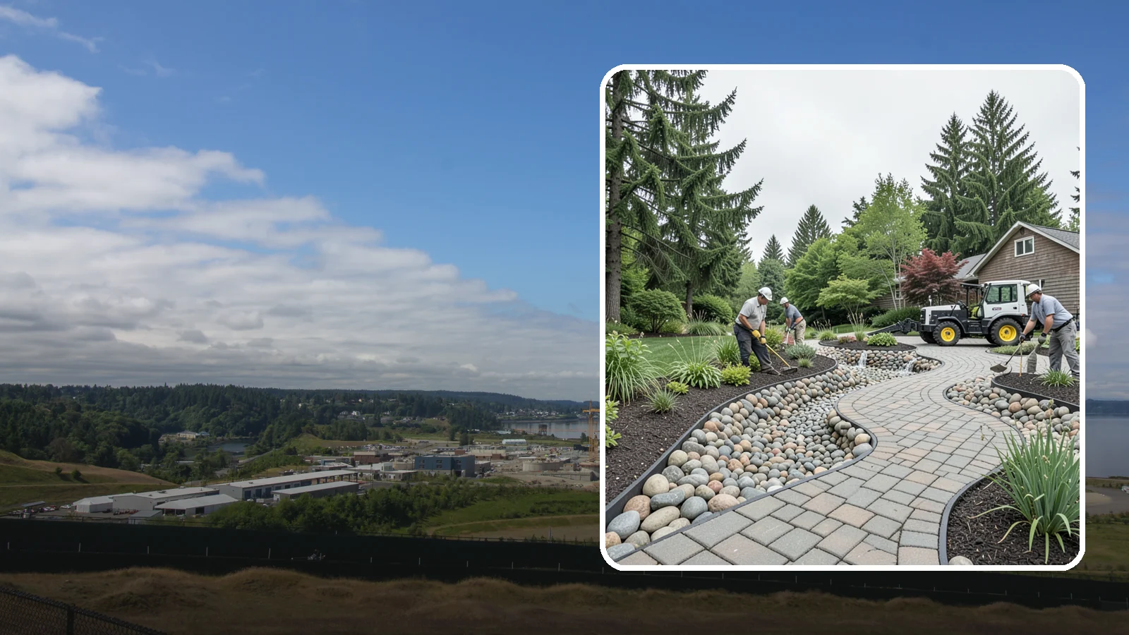Cobble Installation in University Place, Pierce County, WA - Large, rounded river cobble that creates dry creek beds, drainage swales, and dramatic garden focal points.
